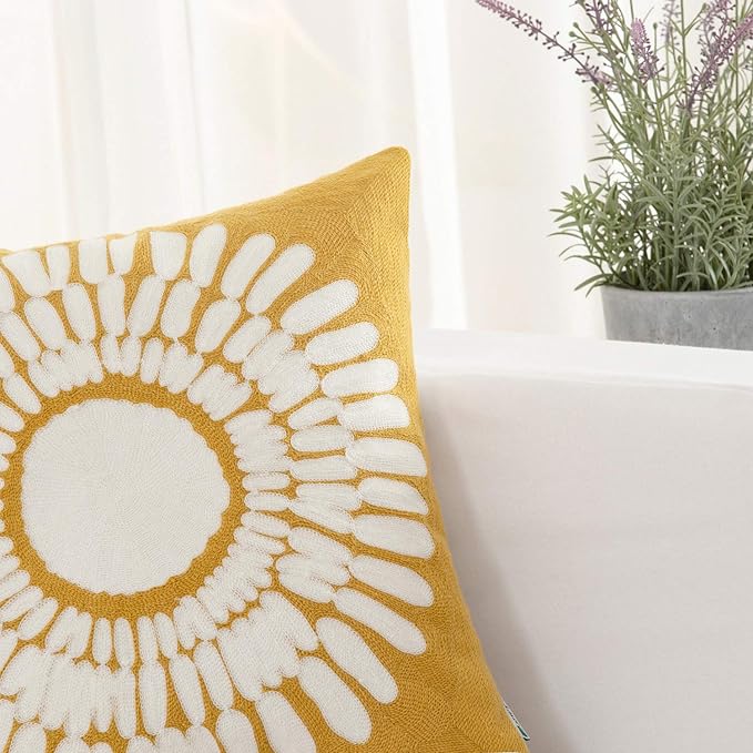 HWY 50 Mustard Yellow Decorative Throw Pillow Covers 18x18 Inch, Pack of 2 Embroidered Cotton Farmhouse Cushion Cover Pillow Case for Sofa Couch Living Room Bed Bedroon, Sunflower Design