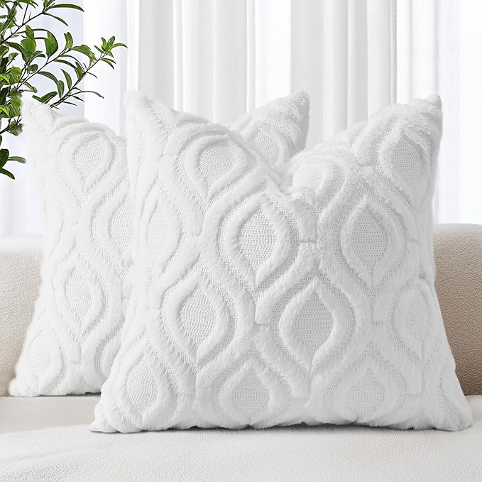 decorUhome Fall Throw Pillow Covers 24x24 Inch Set of 2, Soft Plush Decorative Faux Fur White Solid Couch Pillow Covers, Accent Farmhouse Neutral Square Euro Pillow Cases for Sofa Bed Living Room