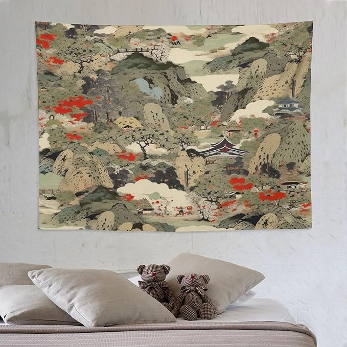 Asian Tapestry,Japanese Red Landscape Asian Watercolor Abstract Art Tapestry, Asian Japanese Wall Tapestry, Nature Landscape Tapestries for Bedroom Living Room Decor 80"x60"