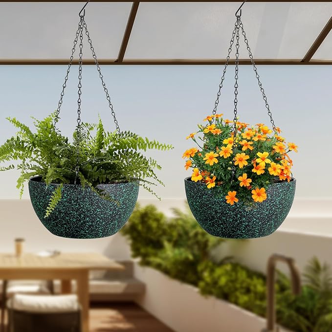 12 inch Large Hanging Planters for Indoor Outdoor Plants, 2 Pack Hanging Flower Pots with Drainage Holes and Chain, Plastic Hanging Baskets for House Plants, Black with Green Speckles