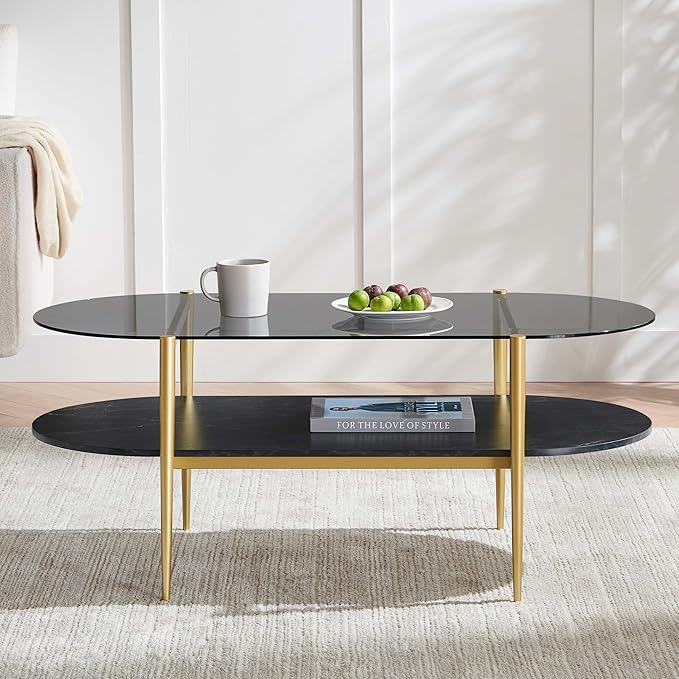 Oval Glass Coffee Table, Mid-Century Modern Design, L41 x W21 x H17 inch, for Living Room, Grey Glass Top, Black Marble Finish Wood Shelf & Gold Finish Frame