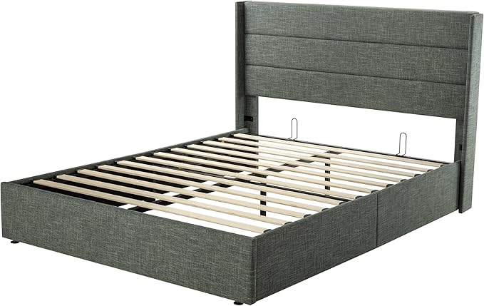 Allewie Queen Size Lift Up Storage Bed, Modern Wingback Headboard, Hydraulic Support, No Box Spring Needed, Dark Grey