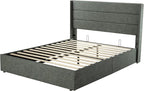 Allewie Queen Size Lift Up Storage Bed, Modern Wingback Headboard, Hydraulic Support, No Box Spring Needed, Dark Grey