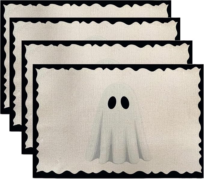 Halloween Ghost Placemats, 4Pcs Black&White Washable Heat Resistant 12×18 Inch Table Mats Cute Place Mats for Party Outdoor Decoration Kitchen Dining Décor