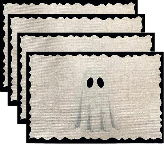 Halloween Ghost Placemats, 4Pcs Black&White Washable Heat Resistant 12×18 Inch Table Mats Cute Place Mats for Party Outdoor Decoration Kitchen Dining Décor