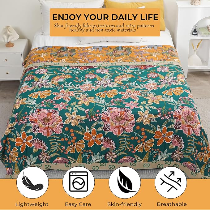 Boho Throw Blankets Reversible Luxurious Cotton Bed Throws with Vintage Bohemian Design & Yellow/Green Lightwight Floral Decor Blanket, Perfect as Bed Sofa Quilt 60" x 80"