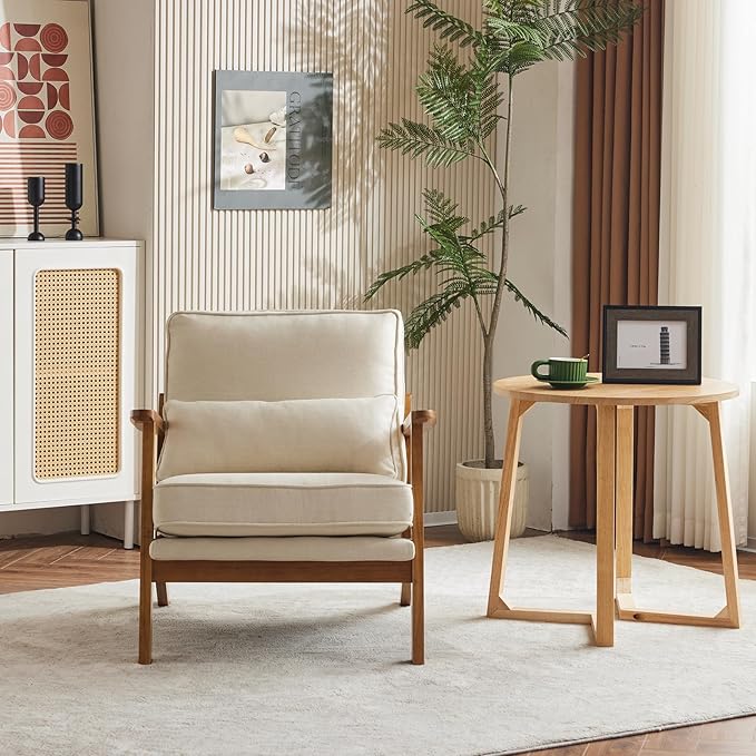 Karl home Accent Chair Wide Armrest Mid-Century Lounge Chair Linen Fabric Armchair with Lumbar Pillow & Solid Wood Frame for Living Room, Bedroom, Balcony, Beige