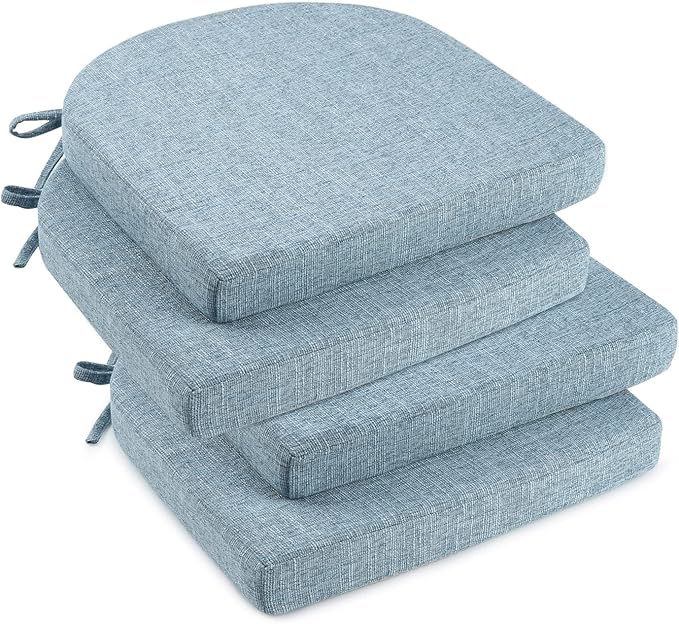 downluxe Indoor Chair Cushions for Dining Chairs, Soft and Comfortable Textured Foam Kitchen Chair Pads with Ties and Non-Slip Backing, 16" x 16" x 2", Light Blue, 4 Pack