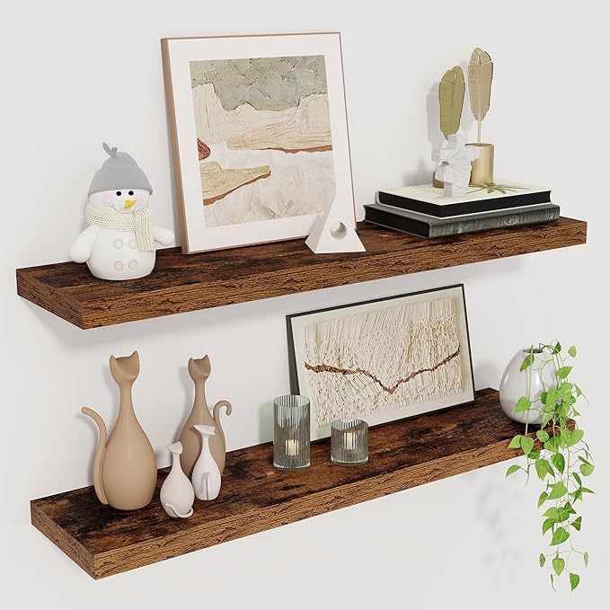 Fun Memories Floating Shelves for Wall, 27.5" Rustic Wood Deep Wall Mounted Shelves with Invisible Brackets for Decor & Storage, Floating Shelf for Living Room, Bathroom (Rustic Brown, Set of 2)