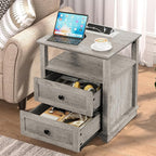 HIFYOBRO End Table with 2 Drawers and Charging Station, Type-C & USB Port & Power outlets, Wooden Storage Cabinet, Large Side Table with Storage for Living Room and Bedroom