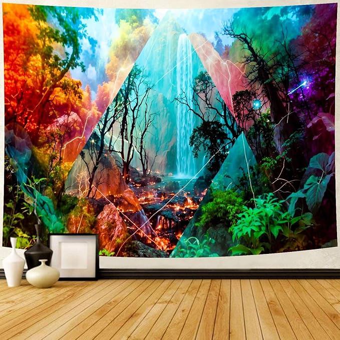 Delur Forest Tapestry Waterfall Mountain Rainforest Sunset Nature Tree Tapestry Wall Hanging Scenic Tropical Landscape Natural Sunrise Headboard for Bedroom Living Room Home Decor (59.1" x 78.7")