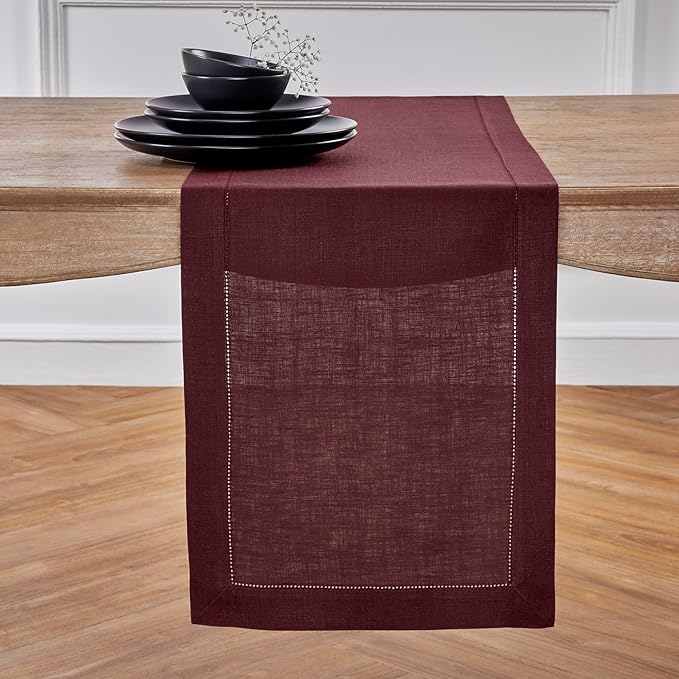 Solino Home Linen Burgundy Table Runner 144 Inches Long - 100% Pure Linen Extra Long Table Runner 14 x 144 Inch for Fall, Autumn, Thanksgiving - Classic Hemstitch