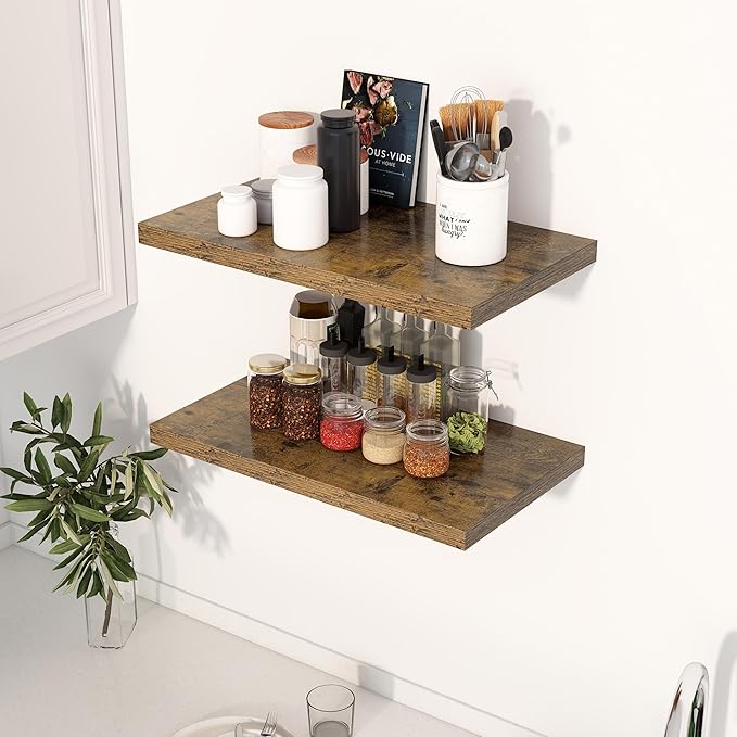 24" Floating Shelves for Wall, 12" Deep Slim Rustic Brown Floating Shelves, Wall-Mounted Shelves for Bedroom, Living Room, Kitchen, Bathroom - Set of 2