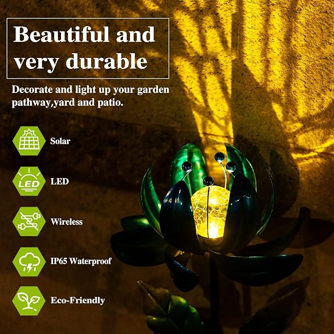 Solar Garden Lights Metal Flower Decor, Colorful Spinning Windmill Lotus Pathway Ligths with LED Cracked Crystal Ball Outdoor Decorative Stake Lighting Waterproof Flower Sculpture for Patio Yard