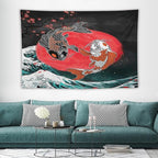 Houselerax Koi Fish Tapestries,Japanese Style Yin Yang Big Wave Cherry Blossoms Tapestry Wall Hanging for Bedroom Living Room Office Decor 60"x40"