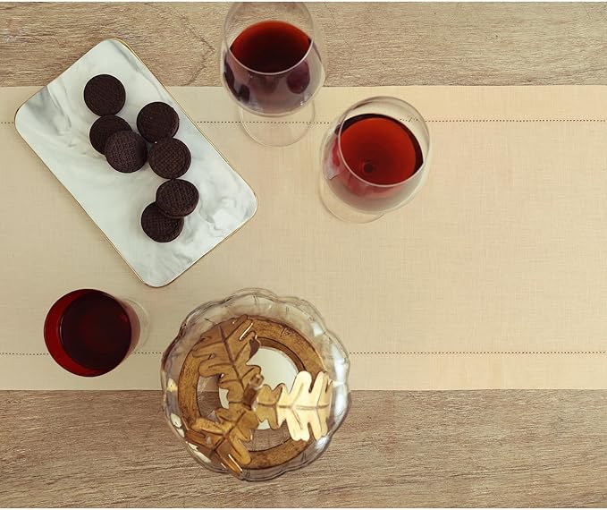 Solino Home Linen Beige Table Runner 72 Inches Long - 100% Pure Linen Hemstitch Table Runner 14 x 72 Inch for Dresser, Dining, Fall, Autumn, Halloween, Thanksgiving - Classic Hemstitch