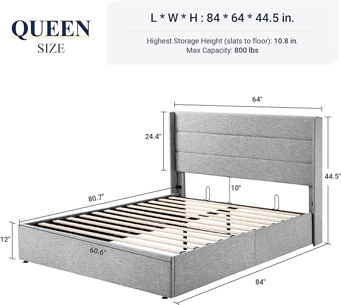 Allewie Queen Size Lift Up Storage Bed, Modern Wingback Headboard, Hydraulic Support, No Box Spring Needed, Light Grey
