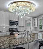 23.6'' Modern Crystal Chandeliers LED Dimmable Flush Mount Ceiling Chandeliers for Living Room Entrance Foyer Bedroom Gold