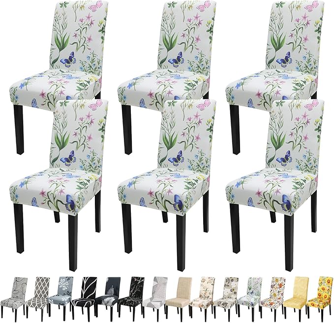 JQinHome Pattern Chair Covers for Dining Room Set of 6, High Stretch Removable Washable Parsons Chair Slipcover for Home Party Hotel Wedding Ceremony (Flowering Butterflies,6PCS)