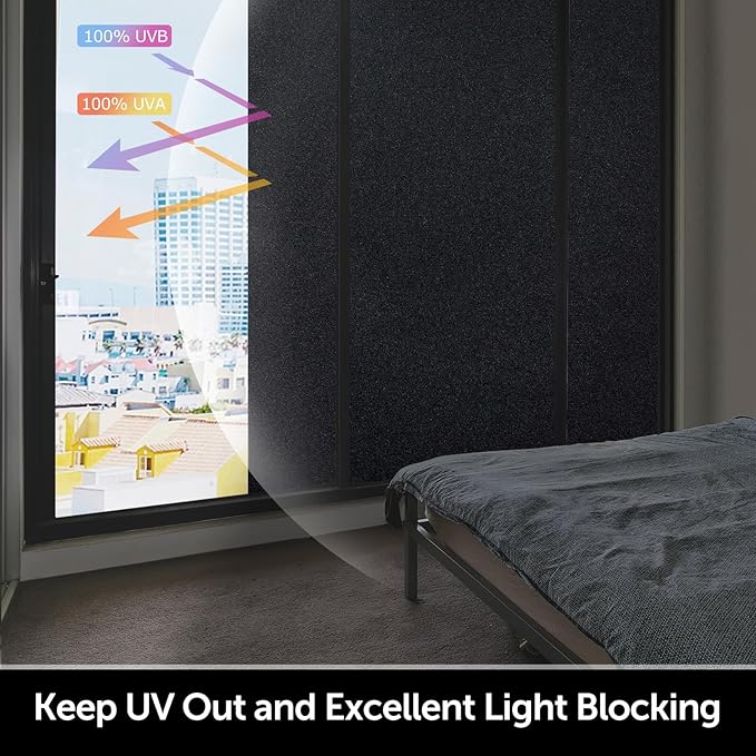 HIDBEA Blackout Window Film,100% Light Blocking Room Darkening Window Privacy Film,Frosted Glass Window Film Heat Control, Removable Window Cover Tint for Day Sleep (Black,17.7in x 6.5ft)