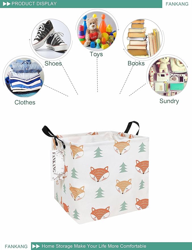 FANKANG Square Nursery Hamper Storage Bins Canvas Laundry Basket Foldable with Waterproof PE Coating Storage Baskets Gift Baskets for Children, Office, Bedroom, Clothes（Square-Fox）