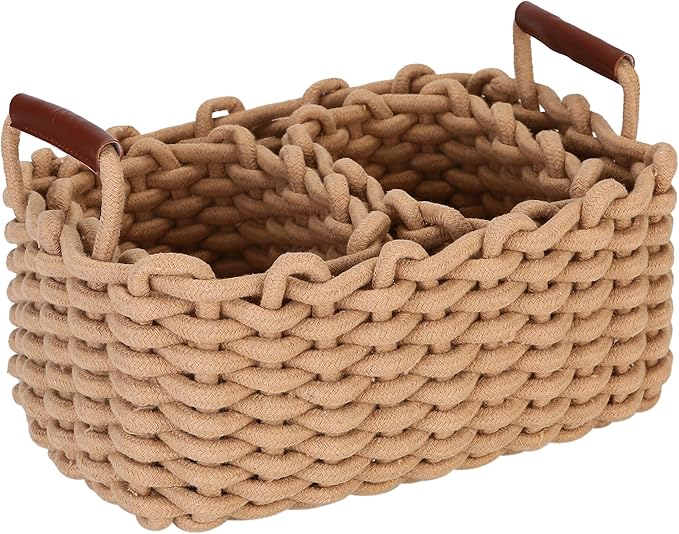 Sea Team 3-Pack Rectangle Woven Cotton Rope Storage Baskets with Handles, Shelf Basket, Closet Organizers, 3-in-1, Khaki