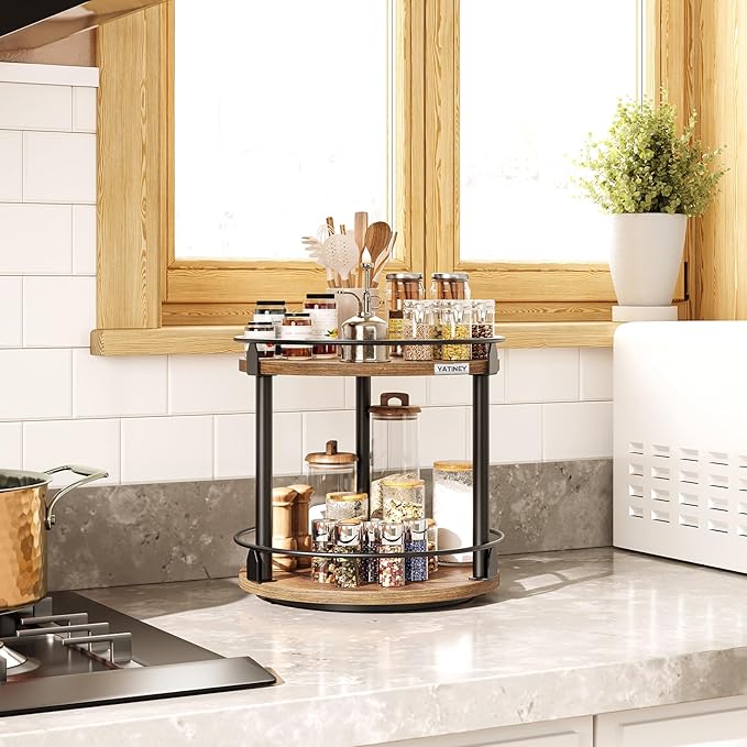 Lazy Susan Organizer, Rotating Spice Rack, 2 Tier Spice Turntable Organizer, Industrial Turntable Spice Holder, for Kitchen Countertop and Cabinet, Compact and Versatile, Rustic Brown SR22BR