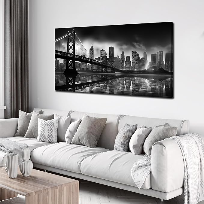Brooklyn Bridge Wall Art for Living Room City Wall Decor for Bedroom Black Wall Decor for Office 20 x 40 Inch