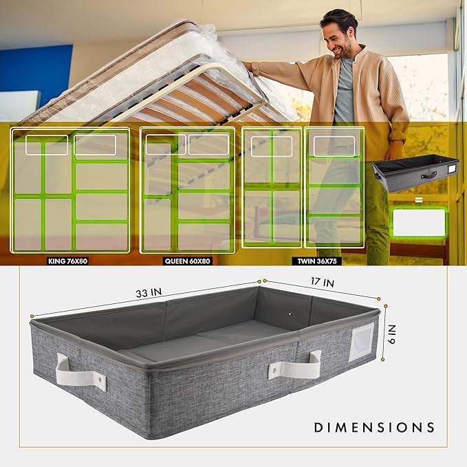 HOMELUX THEORY 2pc Under Bed Storage Containers, Bedroom Under the Bed Drawer Storage Organizer with Bins and Lids, Large Underbed Clothes Storage Box Ideal for Blanket, Fabric, & Shoes (LightGray)