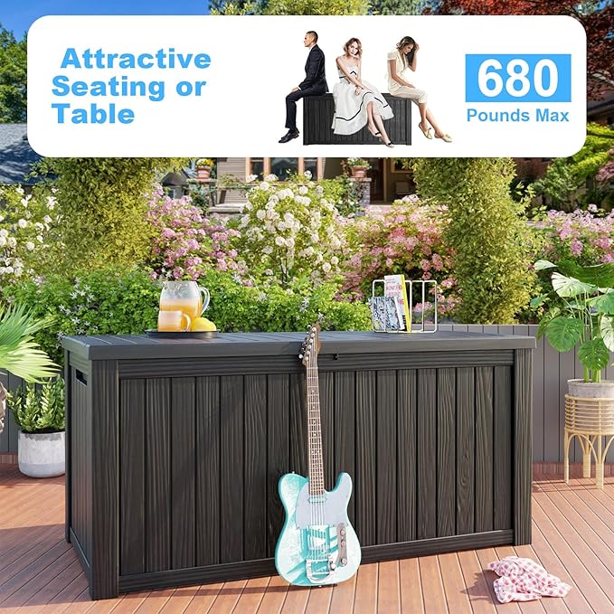 Vixzen 180 Gallon Resin Deck Box, Lockable Outdoor Storage Box for Patio Cushions Storage Furniture,Garden Tools, Pool Supplies, Weatherproof and UV Resistant- Black