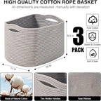 Storage Baskets for Organizing Shelves, Woven Cotton Rope Bins for Baby Nursery Organization, Book Toy Towel Organizer, 15"x11"x9.5", 3 Packs, Grey