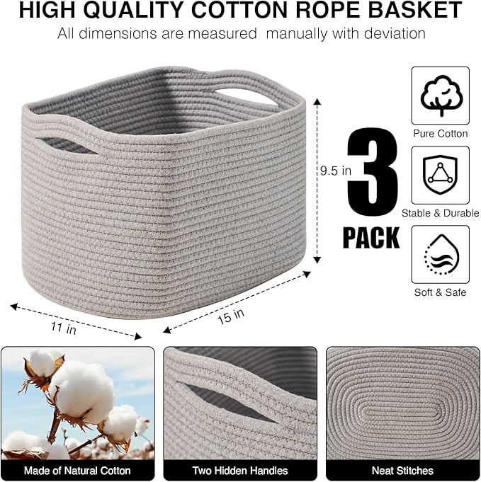 Storage Baskets for Organizing Shelves, Woven Cotton Rope Bins for Baby Nursery Organization, Book Toy Towel Organizer, 15"x11"x9.5", 3 Packs, Grey