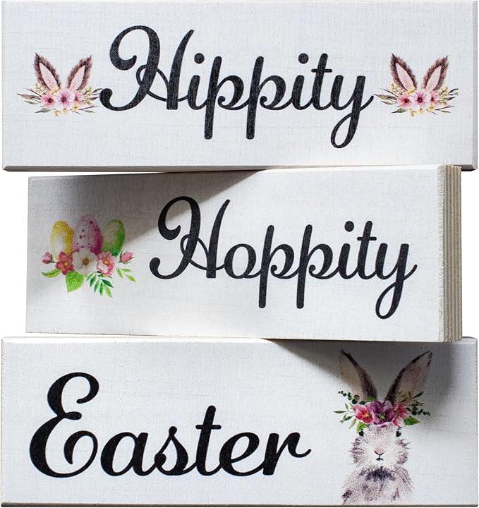 JennyGems Easter Bunny Decor 3pc Wooden Block Set, Tiered Tray, Wreath and Tabletop Decor for Easter Decorations