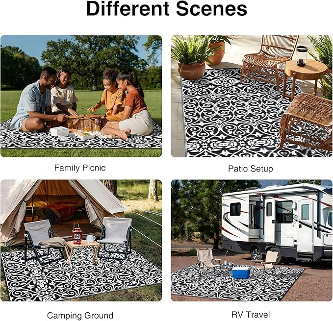 OLANLY Outdoor Rug Waterproof 9x12 ft Clearance, Reversible Outdoor Plastic Straw Rug with Floral Pattern, RV Mat for Patio, Camping, Balcony, Deck, Backyard, Black & White