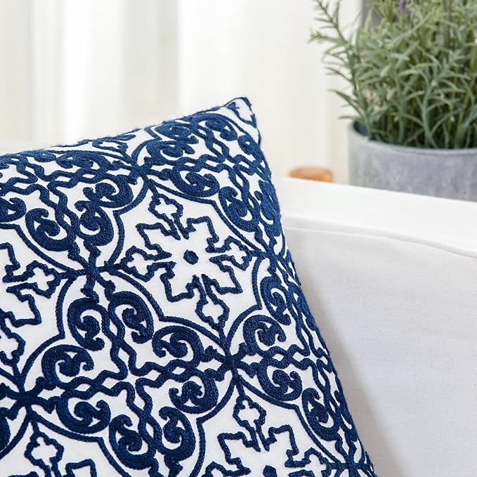 HWY 50 Navy Blue Decorative Throw Pillow Covers 18x18 Inch, Pack of 2 Embroidered Cotton Farmhouse Cushion Cover Pillow Case for Sofa Couch Living Room Bed Bedroon, Modern Pattern