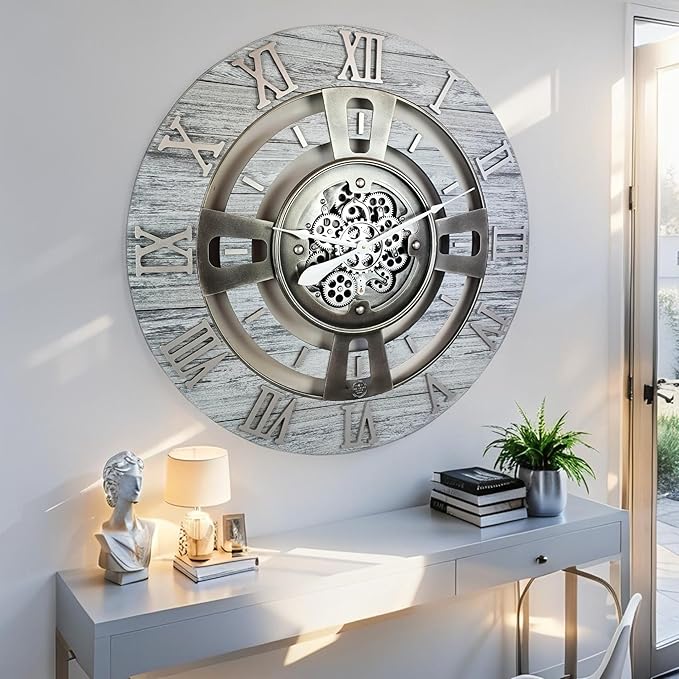 The Gears Clock Real Moving Gear Wall Clock England Line (Silver Grey, 24 inches (60 cm))