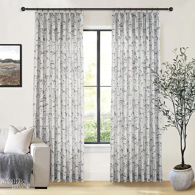Pinch Pleated Floral Linen Curtains 2 Panels Elegant Light Filtering Privacy Drape,72 Inch Wide by 96 Inch Long Curtains Suitable for Living Rooms and Bedrooms