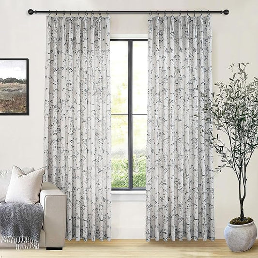 Pinch Pleated Floral Linen Curtains 2 Panels Elegant Light Filtering Privacy Drape,52 Inch Wide by 100 Inch Long Curtains Suitable for Living Rooms and Bedrooms