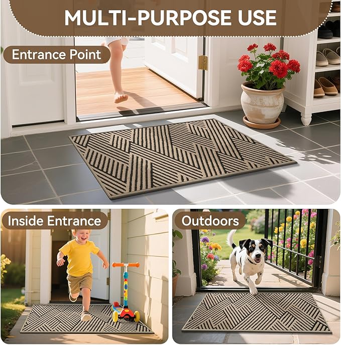 Front Door Mat Outside Entrance, Non Slip Rubber Backing, Trap Dirt and Moisture, Easy Clean Low Profile Welcome Floor Mats for Patio Porch Indoor Outdoor Entry Mat, 17x30 Inch, Brown