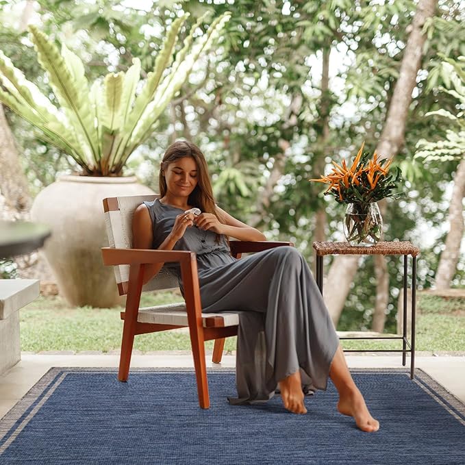 CAMILSON Outdoor Rug, 6x9 Bordered Navy Blue Gray Modern Area Rugs for Indoor and Outdoor Patios, Porches Waterproof Washable Porch Deck Outside Carpet (Bordered Navy, 6 x 9)