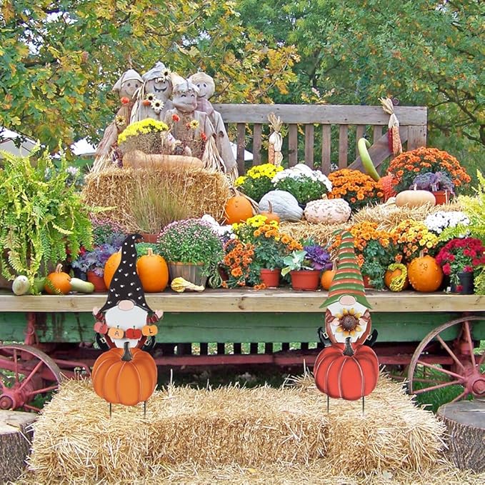 hogardeck Fall Decorations for Home Outdoor, 2 Pcs Metal Gnome Decorative Garden Stakes with Pumpkins for Fall Decor, Yard Signs for Garden Home Lawn Patio Thanksgiving Decorations