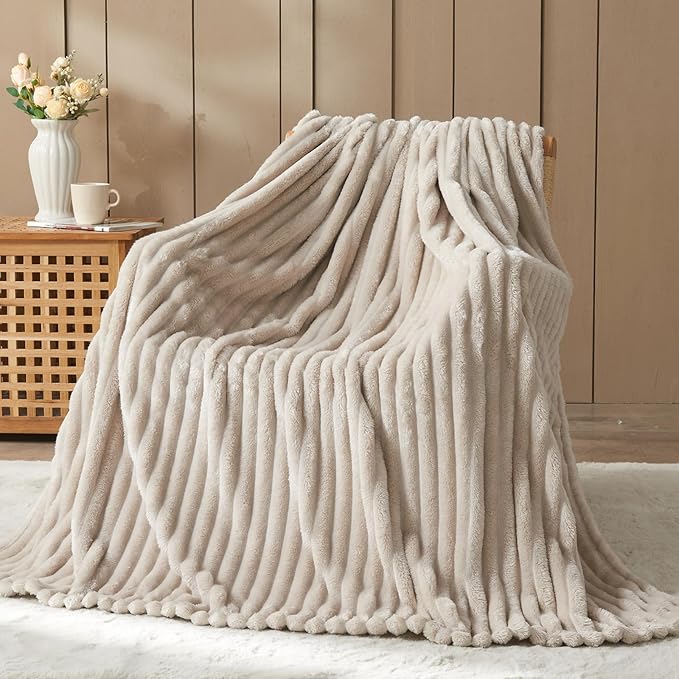 NEWCOSPLAY Super Soft Throw Blanket Linen Premium Silky Flannel Fleece 3D Ribbed Jacquard Lightweight Bed Blanket All Season Use (Linen Ribbed, Throw(50"x60"))
