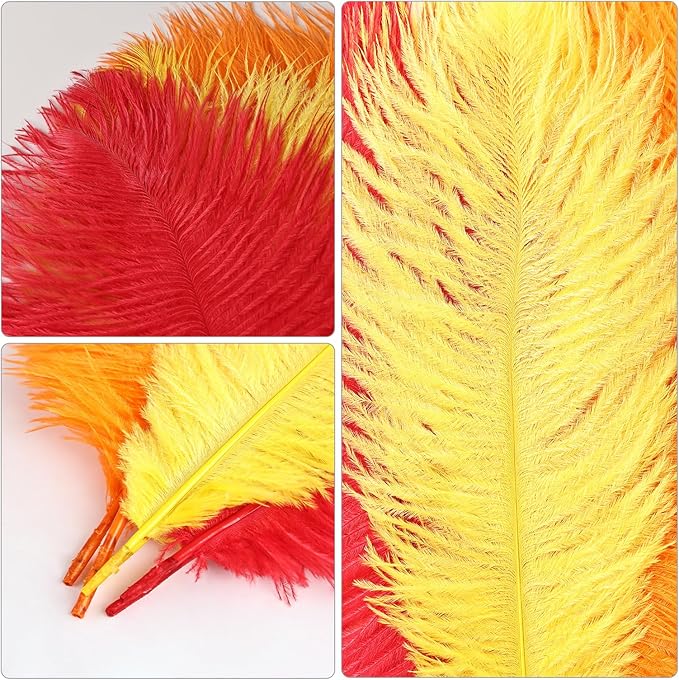 THARAHT Red Orange Yellow Ostrich Feathers 12pcs Natural Bulk 10-12Inch 25cm-30cm for Crafts Wedding Party Centerpieces Halloween and Home Decoration Feathers