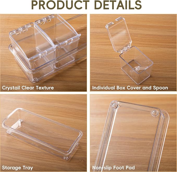 Clear Seasoning Box, 4 Pieces Seasoning Rack Spice Pots, Storage Container Condiment Jars Acrylic Seasoning Box with Covers and Spoons for Spice, Sugar, Salt, Sugar, Cardamon, Cinnamon