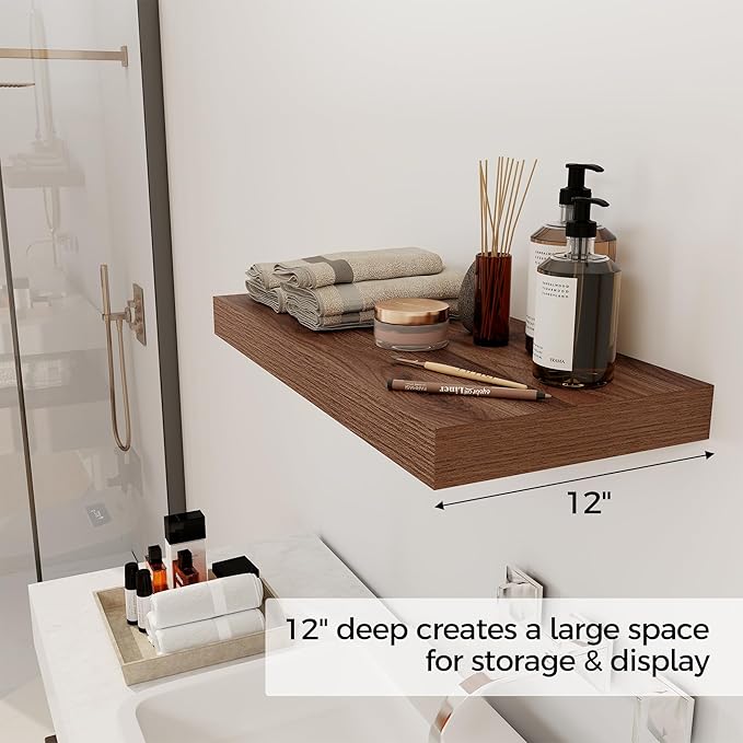 12 Inch Deep Floating Shelves, 24 x 12 Floating Shelf for Books, Rustic Wood Deep Wall Shelves for Home Storage & Display, 2" Thicked Shelves for Kitchen, Living Room, Bedroom, Walnut Color, 1 Pack