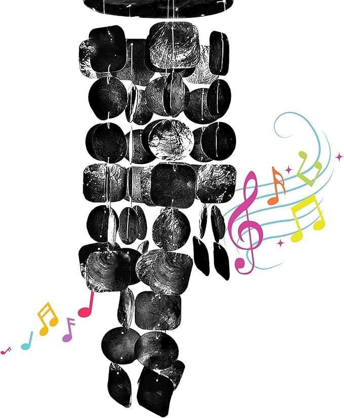 Bellaa 24995 Wind Chimes Outdoor, Garden Decorations, Musical, Indoor/Outside Windchimes, Beach, Ocean Breeze, Gifts for Mom, Gift for All Occasions, Capiz Sea Glass Shells Wood 27 inch Black