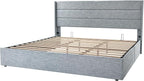 Allewie King Size Lift Up Storage Bed, Modern Wingback Headboard, Hydraulic Support, No Box Spring Needed, Grey Blue