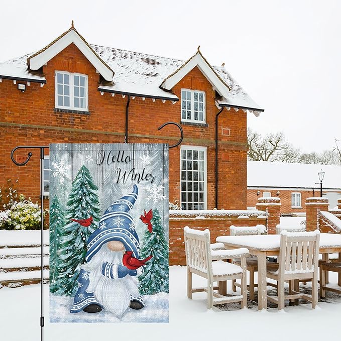 Hello Winter Gnome Garden Flag 12x18 Double Sided Burlap Cardinals Snowflakes Snow Yard Flags for Christmas Seasonal Outside Outdoor House Decoration (ONLY FLAG)