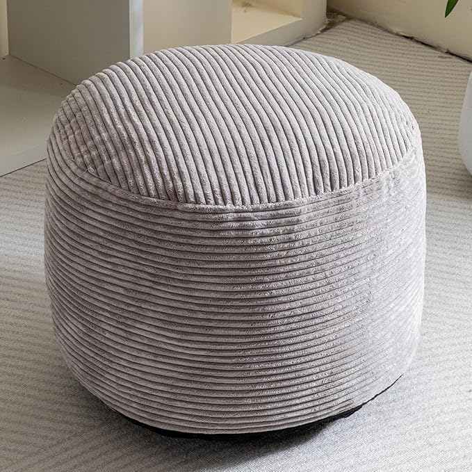 HIGOGOGO Round Stuffed Pouf Ottoman, Corduroy Poufs with Foam Chunk Filling, Furry and Fluffy Pouf Foot Stool Storage Ottoman, 26 X 18 Floor Poufs Foot Rest for Living Room, Grey