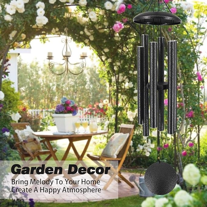 Sympathy Memorial Wind Chimes, 36' with 6 Metal Tubes, Outdoor Deep Tone for Garden, Christmas Hanging Decor - Black Grey
